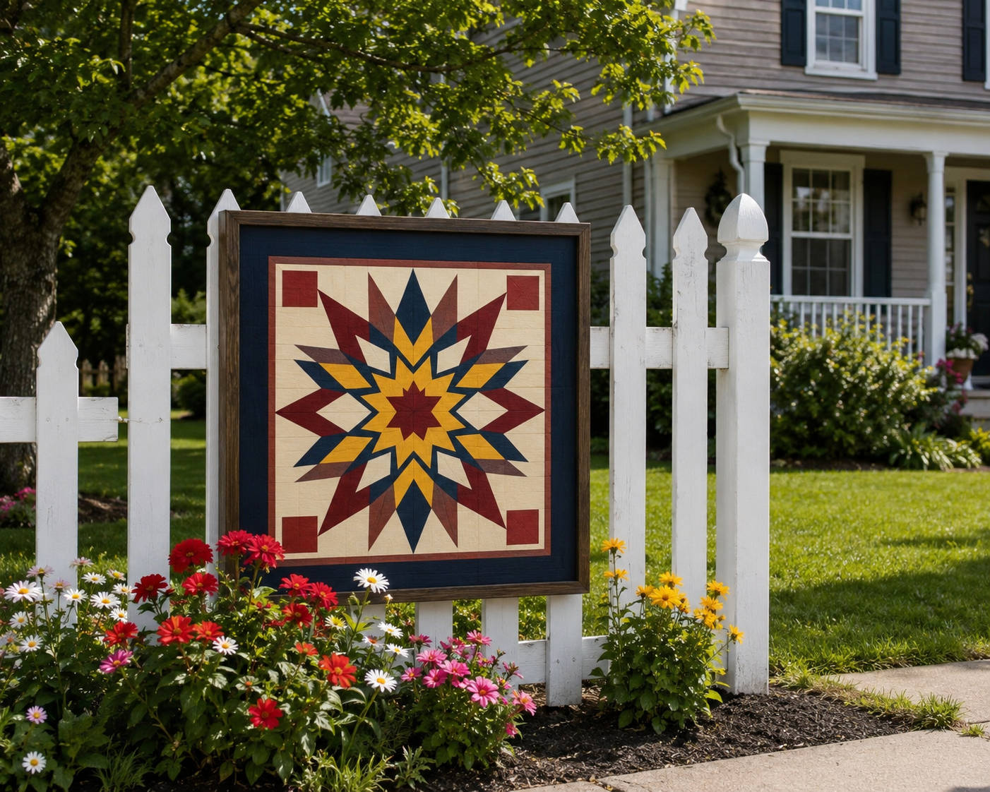Barn quilt with star pattern on a white picket fence
